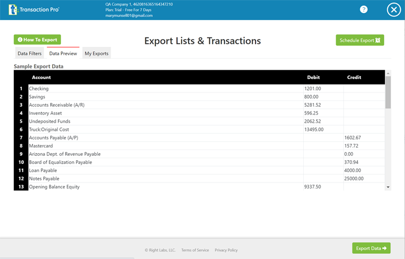 Trial Balance Report Preview