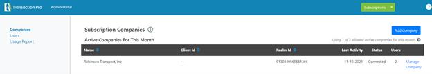 Transaction Pro, Admin Portal, add a new company