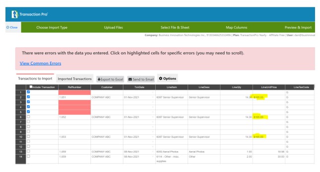 Errors shown in data in Transaction Pro