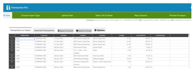screenshot of clean data without errors imported in Transaction Pro