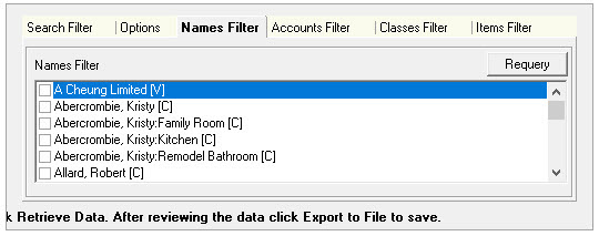 Names Filter tab pick specific names to export tranactions