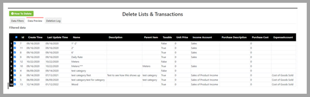 Screen to select items to delete in Transaction Pro