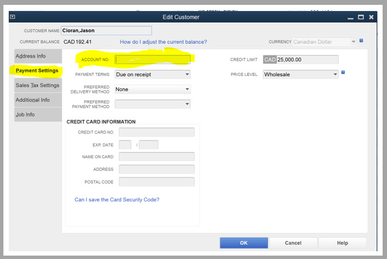 Edit customer payment settings account screen in Transaction Pro