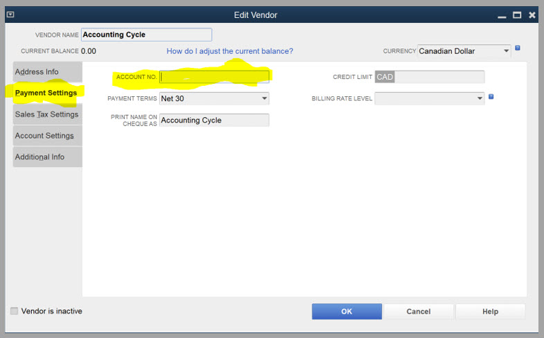 Vendor Payment Settings Account Number