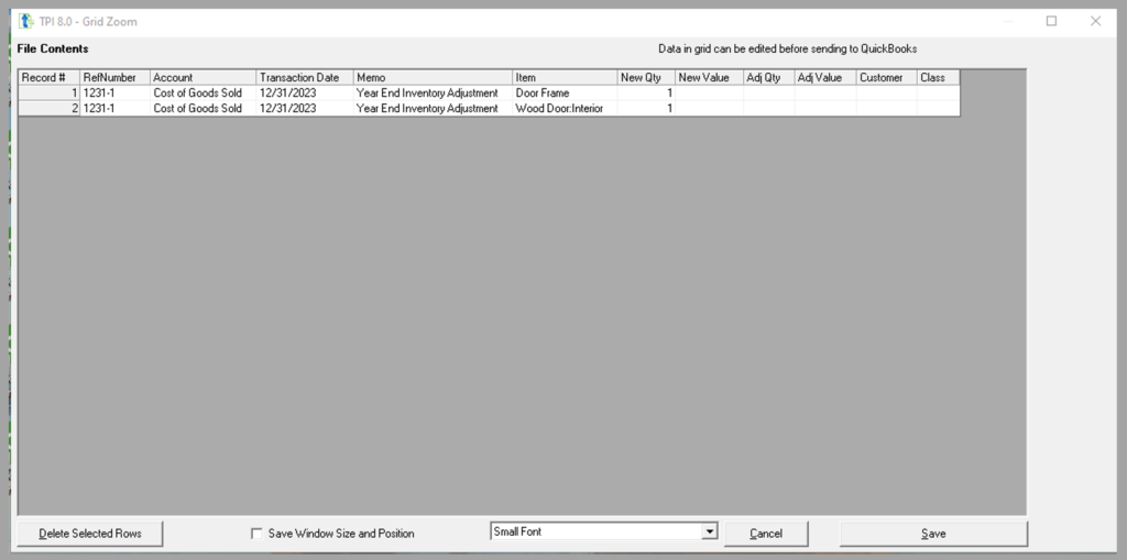 Example of an import file, showing any transaction errors in Transaction Pro Importer