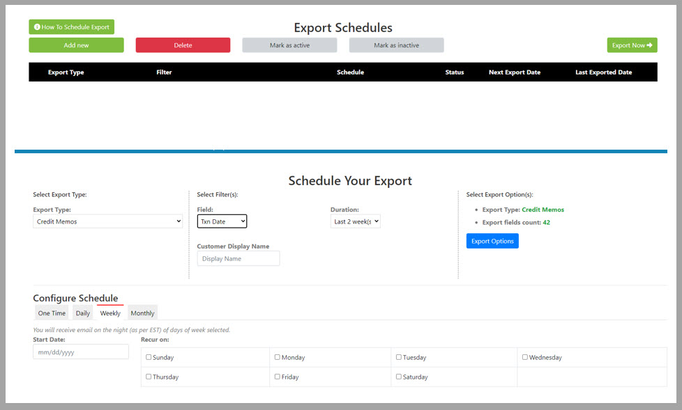 Transaction Pro Exporter schedule screen