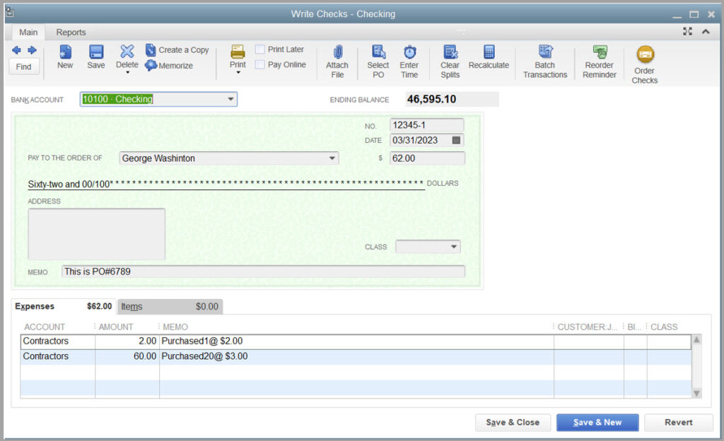 Image of completed imported check in QuickBooks Desktop