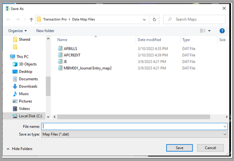 Creating a data map with Transaction pro saving your mapping file